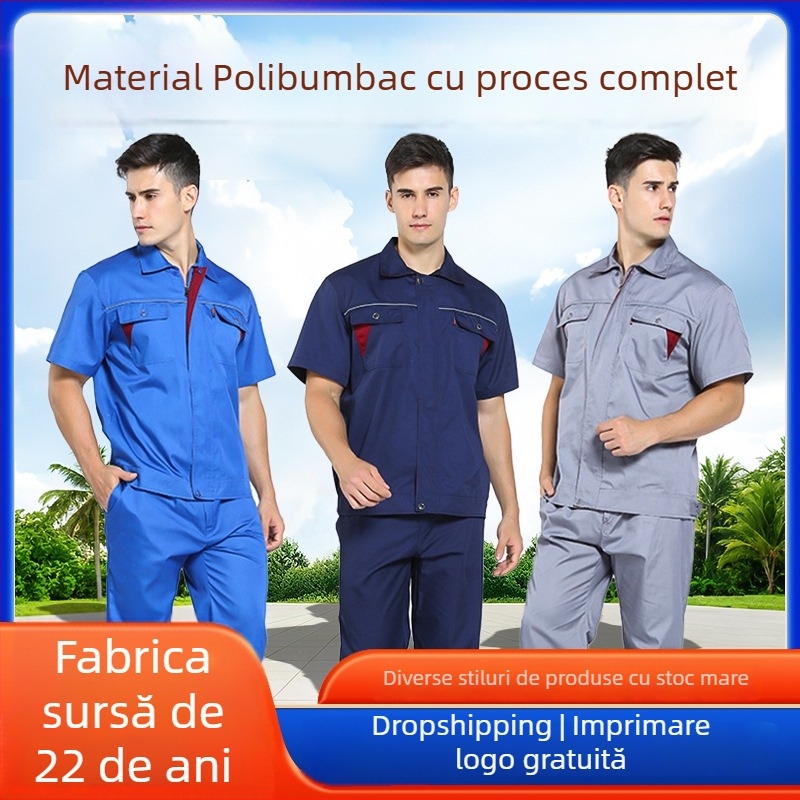 Set de uniformă de lucru pentru vară, mânecă scurtă, imprimare logo, material subțire și bandă reflectorizantă