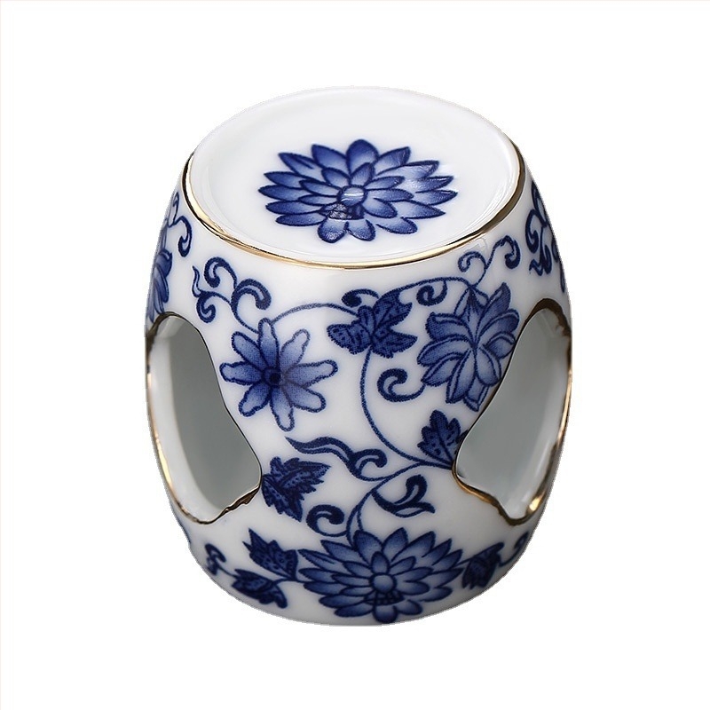 Capac ceramic pentru ceainic și suport pentru capac, porțelan alb cu decor albastru și auriu, accesorii pentru ceremonia ceaiului