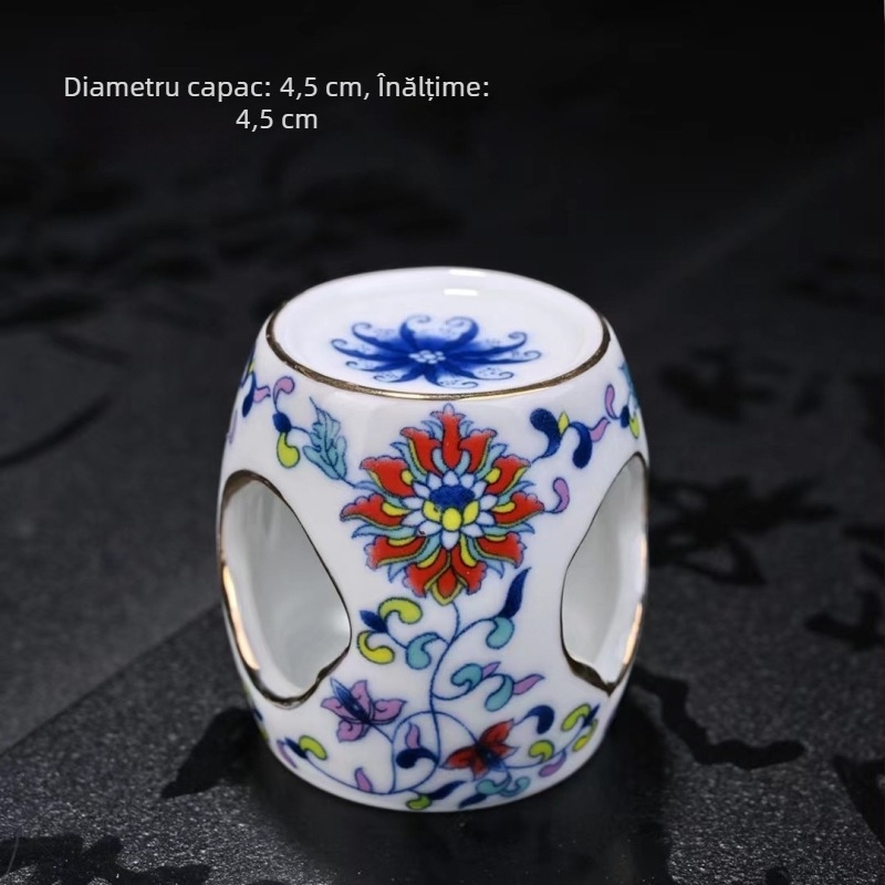 Capac ceramic pentru ceainic și suport pentru capac, porțelan alb cu decor albastru și auriu, accesorii pentru ceremonia ceaiului