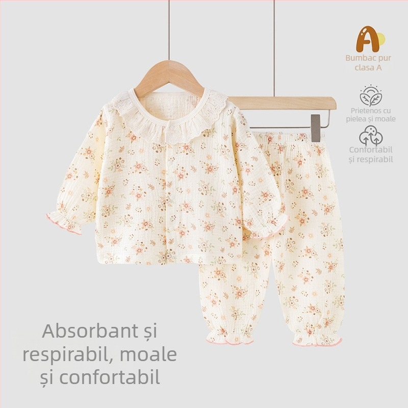 Set de vară pentru copii din bumbac 100% — tricou cu mânecă scurtă și pantaloni scurți, haine ușoare pentru casă și afară