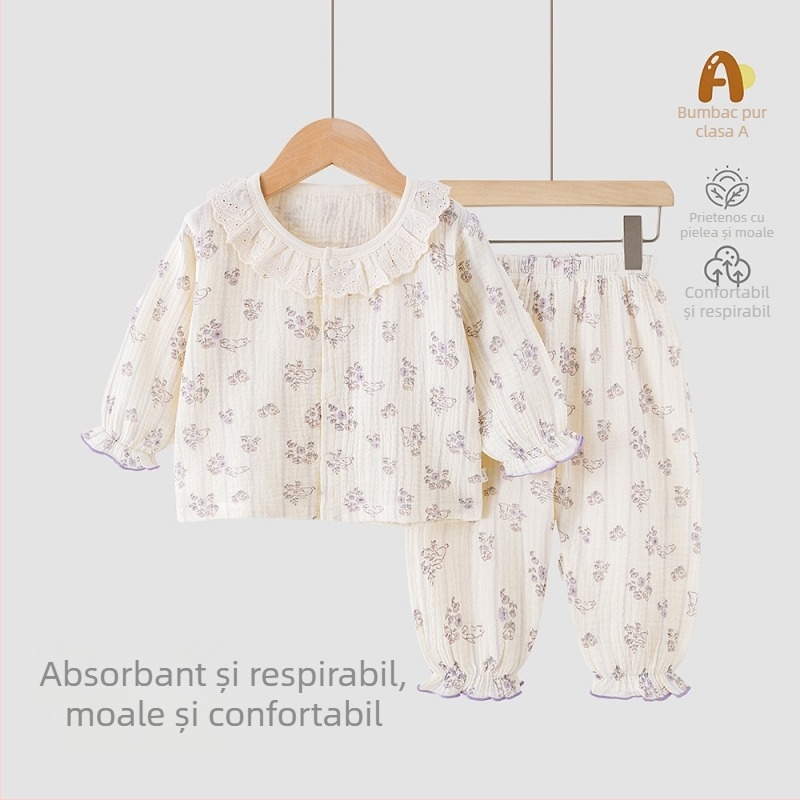 Set de vară pentru copii din bumbac 100% — tricou cu mânecă scurtă și pantaloni scurți, haine ușoare pentru casă și afară