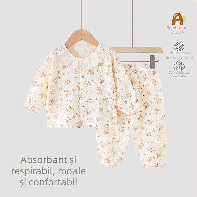 Set de vară pentru copii din bumbac 100% — tricou cu mânecă scurtă și pantaloni scurți, haine ușoare pentru casă și afară