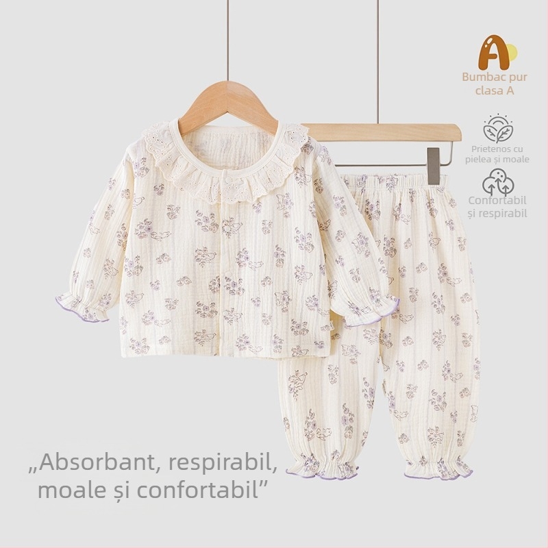 Set de vară pentru copii din bumbac 100% — tricou cu mânecă scurtă și pantaloni scurți, haine ușoare pentru casă și afară