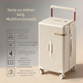 009K Valiză de călătorie cu mâner lat, 24/26 inch, ușoară, ABS durabil, deschidere laterală, design cu dungi minimalist și luxos, suport pentru telefon, port de încărcare, suport pentru ceașcă, role universale, lacăt