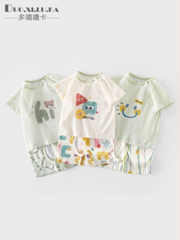 Set de vară din bumbac 100% pentru copii: tricou ușor cu mânecă scurtă și pantaloni cu crotch deschis, haine de vară pentru casă cu imprimeu desen animat