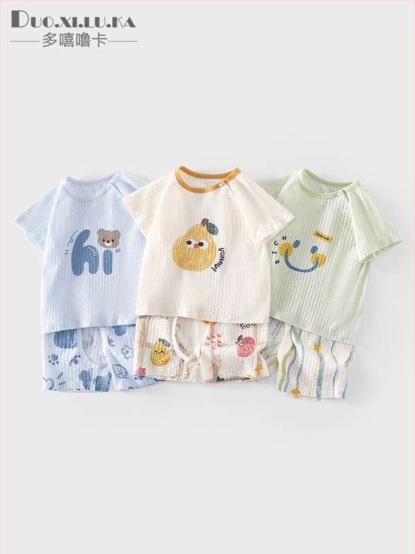 Set de vară din bumbac 100% pentru copii: tricou ușor cu mânecă scurtă și pantaloni cu crotch deschis, haine de vară pentru casă cu imprimeu desen animat