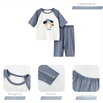 Set de pijamale pentru copii vara, Ice Silk, antibacterian 7A, respirabil, cu inserții colorate, ușor și confortabil pentru acasă