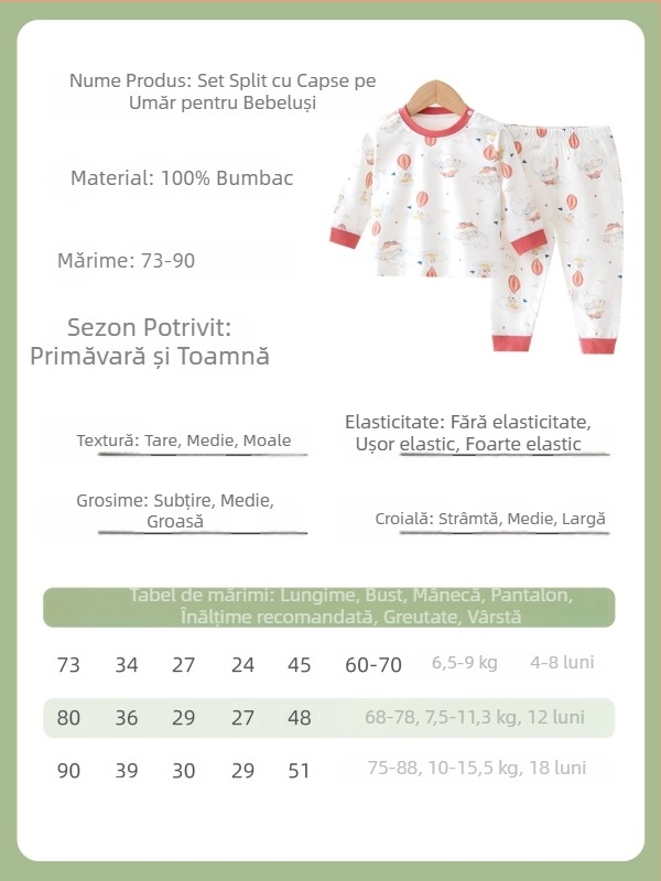 Set din două piese din bumbac pentru bebeluși: tricou cu mâneci lungi și pantaloni, pentru primăvară, toamnă și iarnă