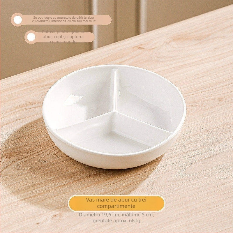 Rizier ceramic cu tavă de abur în trei compartimente, grilă de abur, farfurie pentru cină, abur pentru mâncare de bebeluși, gătit într-o oală, bol de abur divizat