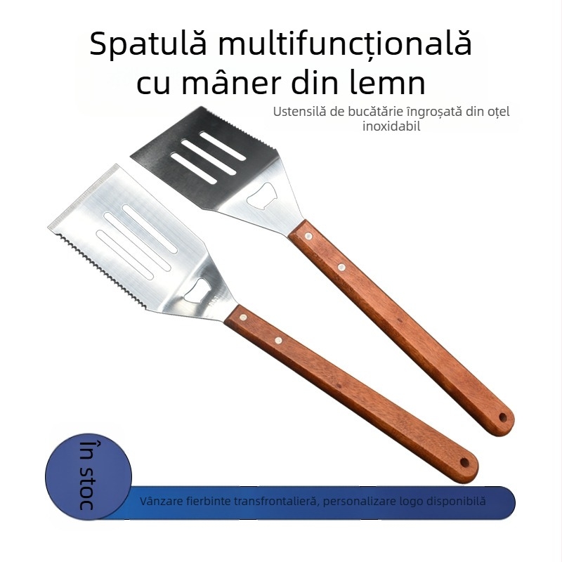 Set de unelte pentru grătar cu mâner din lemn: spatulă multifuncțională pentru prăjit și spatulă Teppanyaki