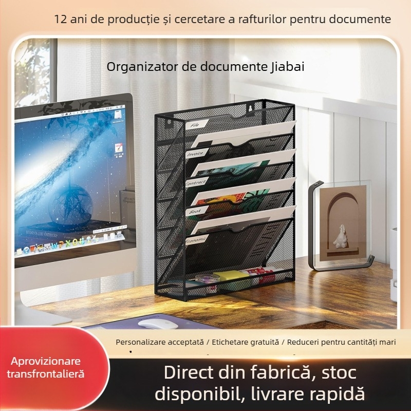 Raft de depozitare pentru birou, montare pe perete fără instalare, din metal, cu mai multe niveluri pentru fișiere, reviste și ziare A4