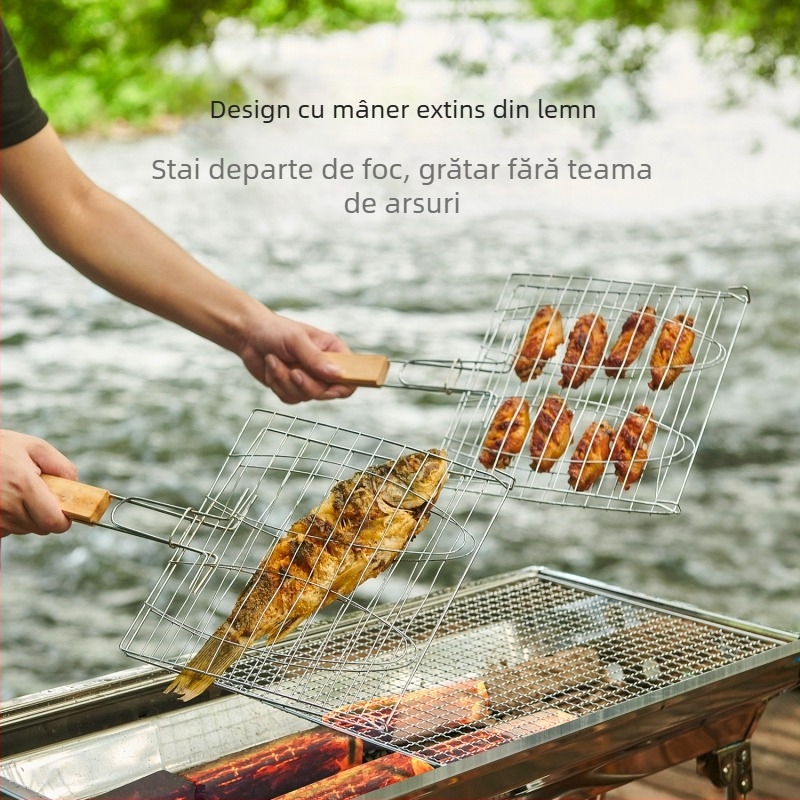 Unelte de grătar pentru exterior cu mâner: clește pentru pește, plasă de grătar, plasă pentru hamburger