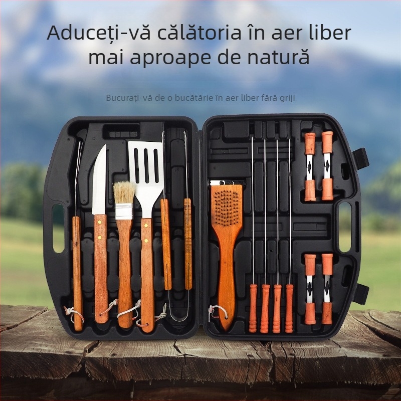 Set de unelte pentru exterior, 18 piese, cu mânere din lemn, într-o cutie plastică portabilă pentru grătar