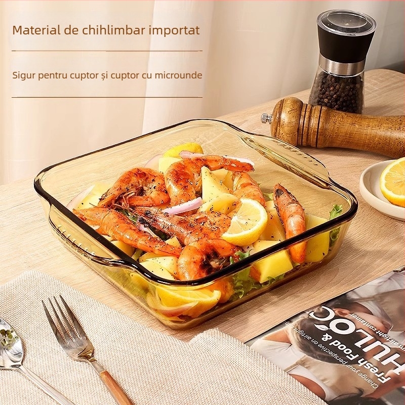 Platou de servire din sticlă rezistentă la temperaturi, cu mânere duble, pentru fructe de mare și friptură