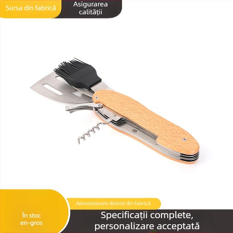 Set portabil pentru grătar din oțel inoxidabil, pliabil, cu spatulă, furculiță și pensulă pentru ulei