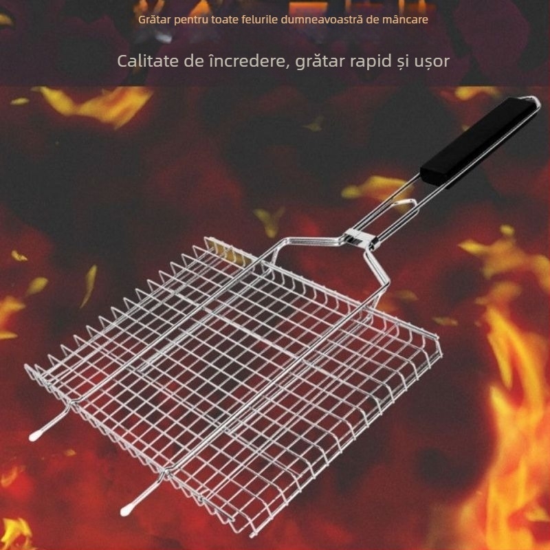 Set de grătar gros: clește pentru pește, clește pentru carne, plasă mare antiaderent pentru grătar, pentru exterior și interior