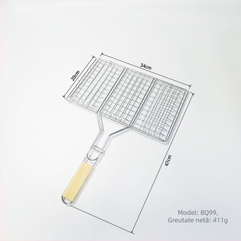 Set de grătar gros: clește pentru pește, clește pentru carne, plasă mare antiaderent pentru grătar, pentru exterior și interior