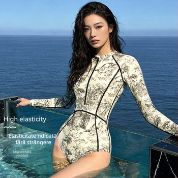 Costum de baie întreg cu mâneci lungi, stil sport, mărime mare, slim și feminin, design modest, potrivit pentru băi termale