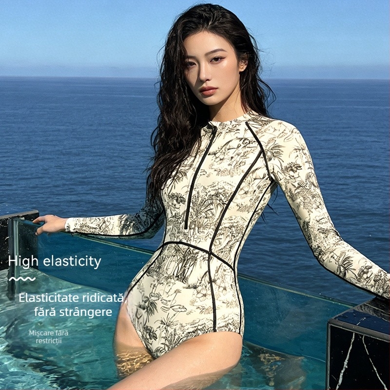 Costum de baie întreg cu mâneci lungi, stil sport, mărime mare, slim și feminin, design modest, potrivit pentru băi termale