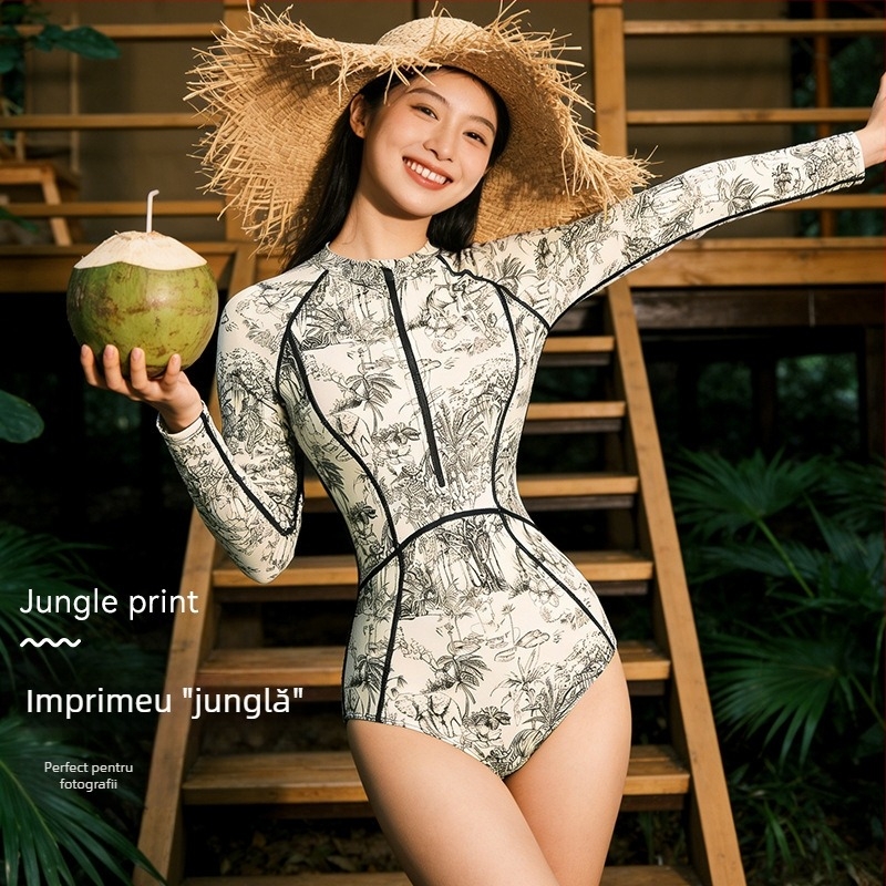 Costum de baie întreg cu mâneci lungi, stil sport, mărime mare, slim și feminin, design modest, potrivit pentru băi termale