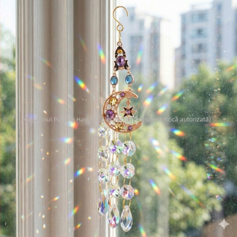 Decor din cristal lucrat manual, cu motive soare, lună, stea și inimă, pentru decorul casei