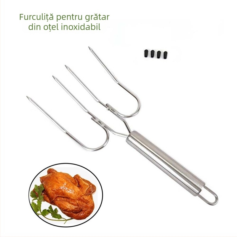 Furculă de grătar din oțel inoxidabil cu mâner din sârmă – furculă mare pentru curcan, pui la rotisor și miel, pentru gătit în aer liber