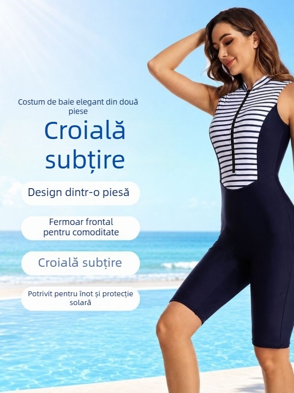 Costum de baie întreg pentru femei, dungat, cu fermoar, fără mâneci, protecție solară, pentru surfing și scufundări, subțiază silueta