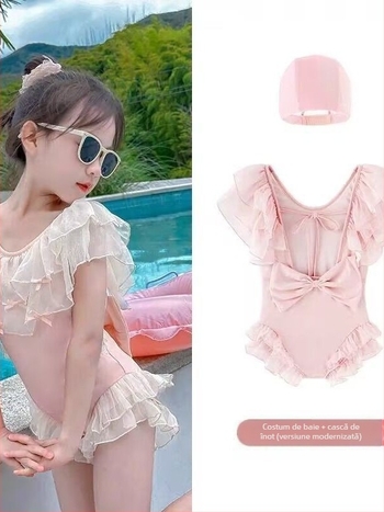 Costum de baie întreg pentru fete, roz, din plasă dublă, cu funda și margine cu volane