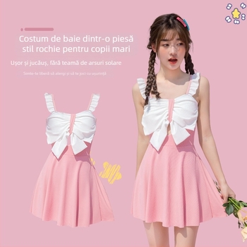 Costum de baie pentru copii, stil coreean, cu funda, fără mâneci, drăguț