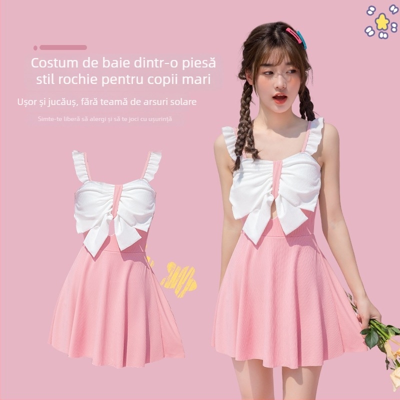 Costum de baie pentru copii, stil coreean, cu funda, fără mâneci, drăguț