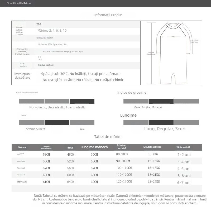 Costum de baie pentru copii, de tip single-piece, pentru băieți, 1-7 ani, imprimeu dinozaur, stil coreean