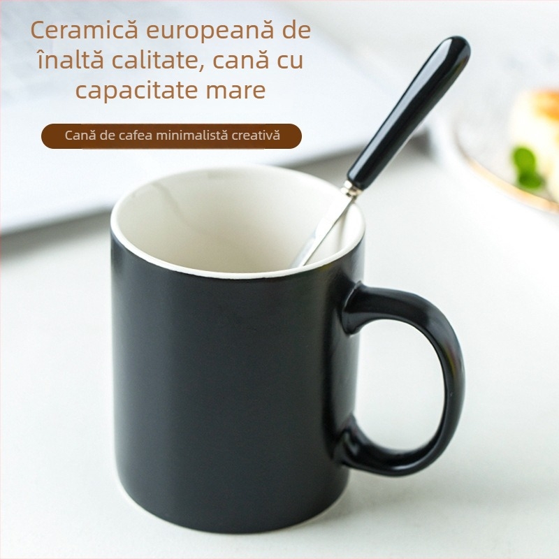 Cana de cafea din ceramică neagră, mată, în stil european, cu linguriță