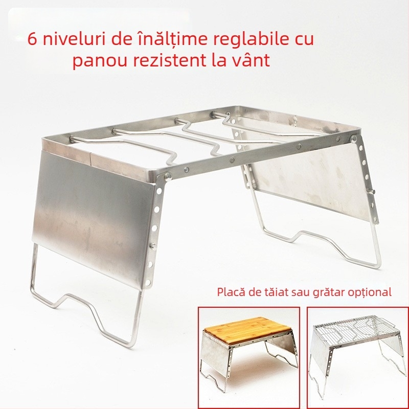 Grătar pliabil din oțel inoxidabil pentru exterior, cu protecție împotriva vântului, suport pentru aragaz – suport portabil pentru oale de camping