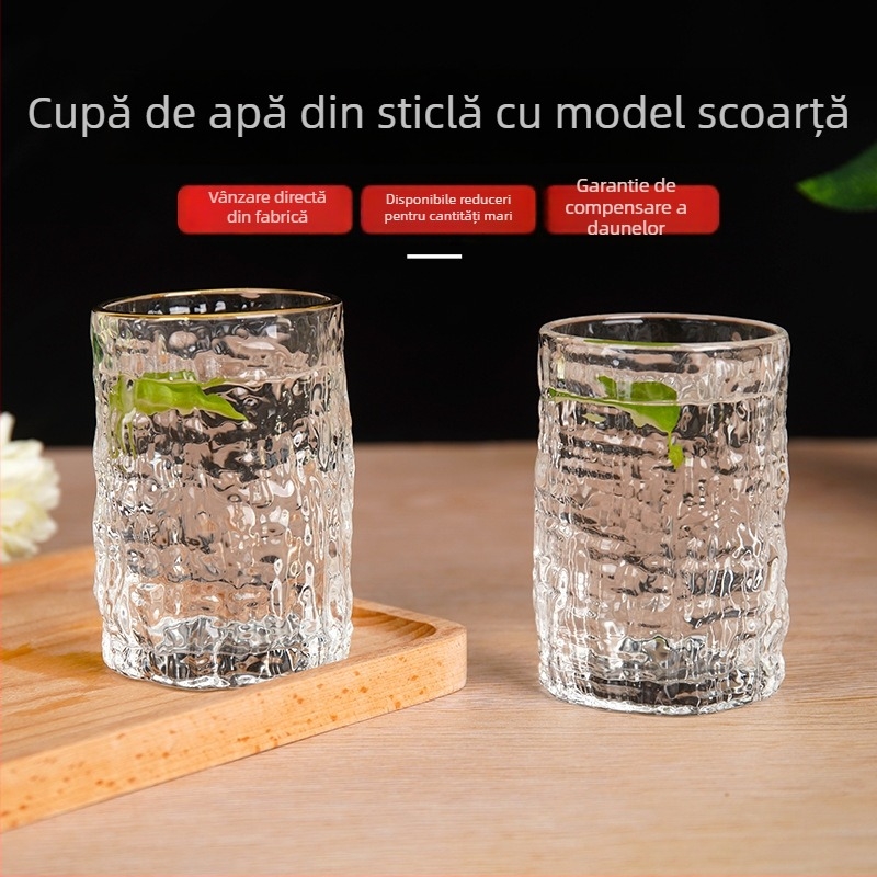 Pahar din sticlă cu model de scoarță și margine aurie, transparent, pentru apă sau vin, cadou de nuntă, utilizare casnică, cu un singur strat