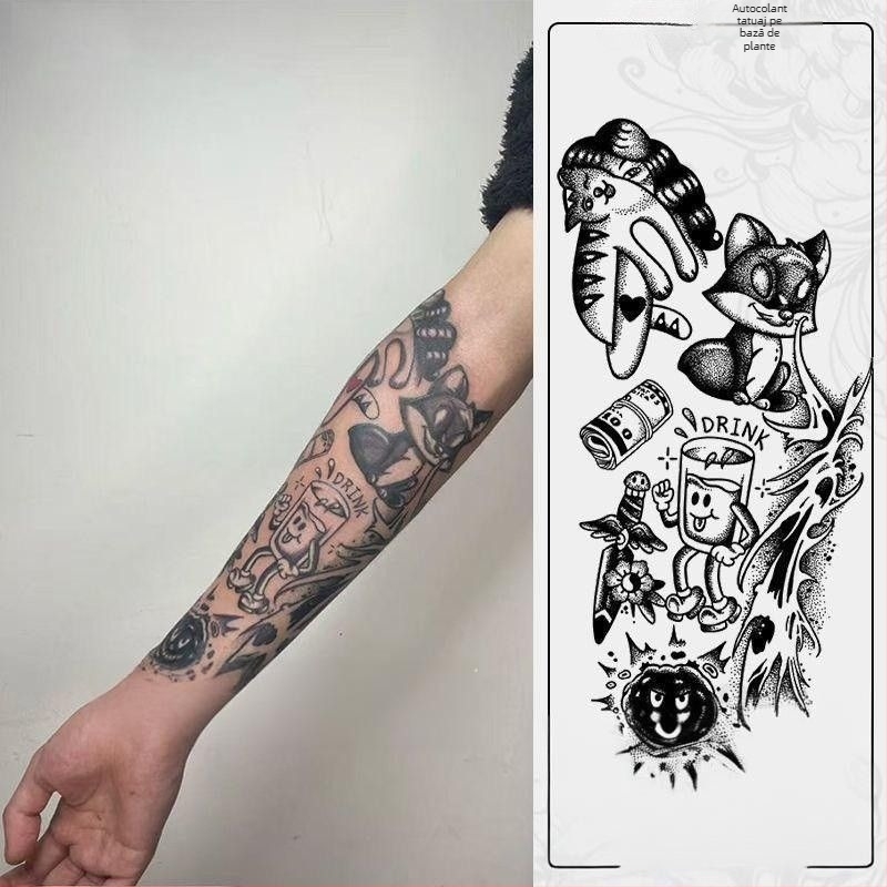 Sticker de tatuaj pentru braț, impermeabil, cu vulpe întunecată și patchwork floral, motiv suc din plante, stil desen animat, durabil, unisex