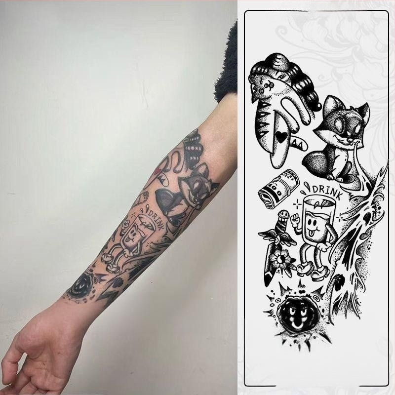 Sticker de tatuaj pentru braț, impermeabil, cu vulpe întunecată și patchwork floral, motiv suc din plante, stil desen animat, durabil, unisex