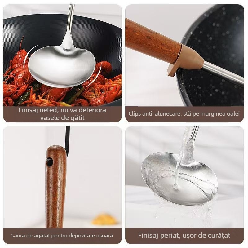 Spatulă din oțel inoxidabil cu mâner din nuc, cap de ciupercă, pentru sotare, antiderapant