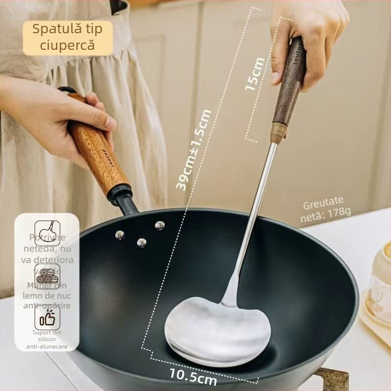 Spatulă din oțel inoxidabil cu mâner din nuc, cap de ciupercă, pentru sotare, antiderapant