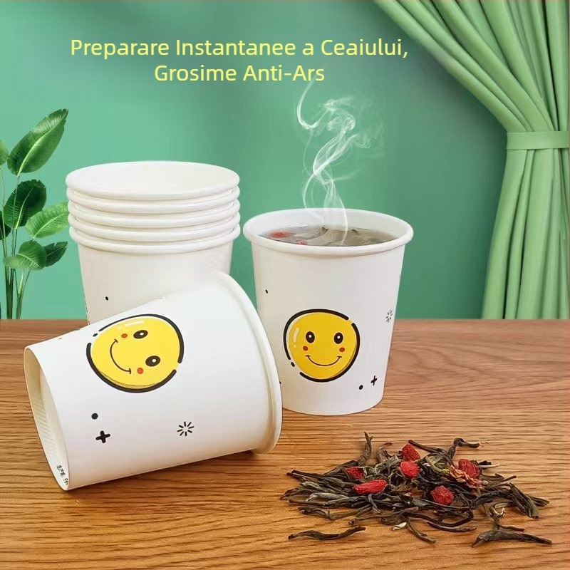 Three Bamboos căni de hârtie cu design cartoon, pahare de unică folosință pentru ceai, uz casnic, 101–200 ml, set de 50 bucăți, imprimare logo posibil
