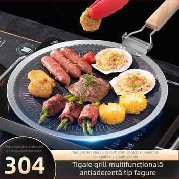 Tigaie-grill exterior în stil coreean pentru camping și uz casnic, oțel inoxidabil 304, utilizare duală pentru plita cu inducție