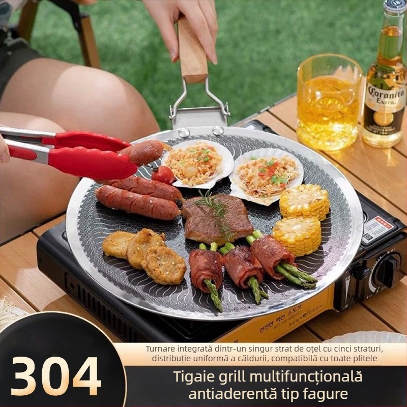 Tigaie-grill exterior în stil coreean pentru camping și uz casnic, oțel inoxidabil 304, utilizare duală pentru plita cu inducție