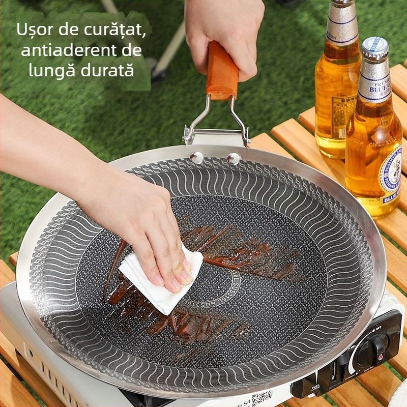 Tigaie-grill exterior în stil coreean pentru camping și uz casnic, oțel inoxidabil 304, utilizare duală pentru plita cu inducție