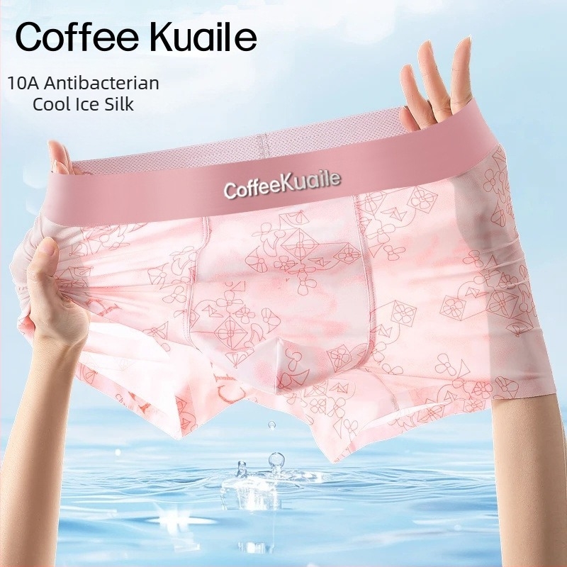 Boxeri pentru bărbați din ice silk, respirabili cu plasă, antibacteriale, imprimeu geometric roz