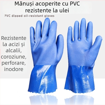 Mănuși din PVC rezistente la ulei, albastre, cu suprafață mată antiderapantă, tratate prin imersie, pentru protecție industrială împotriva acidilor și alcalilor