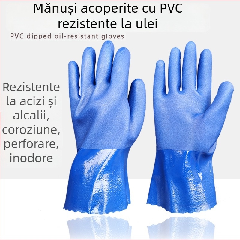 Mănuși din PVC rezistente la ulei, albastre, cu suprafață mată antiderapantă, tratate prin imersie, pentru protecție industrială împotriva acidilor și alcalilor