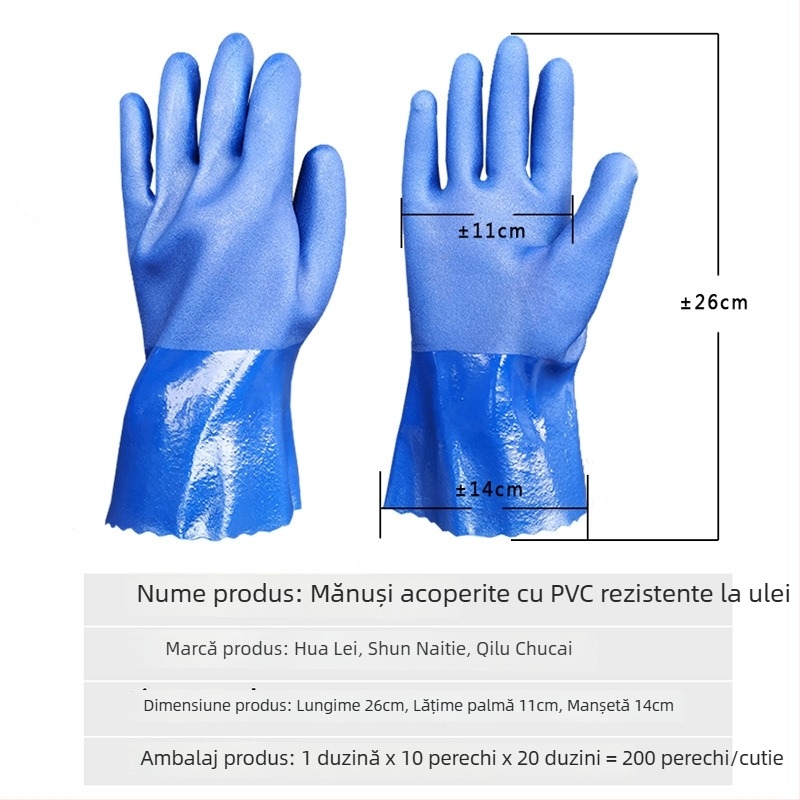 Mănuși din PVC rezistente la ulei, albastre, cu suprafață mată antiderapantă, tratate prin imersie, pentru protecție industrială împotriva acidilor și alcalilor