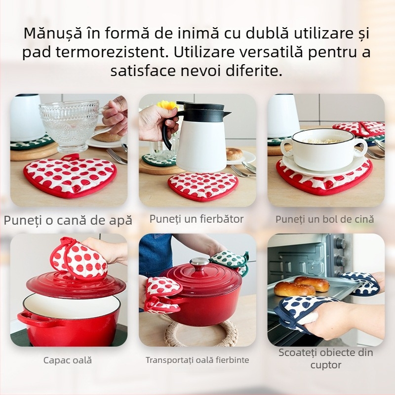 Mănuși termice pentru coacere, cu căptușeală dublă, priză în formă de inimă, pernă izolatoare și suport pentru pahar