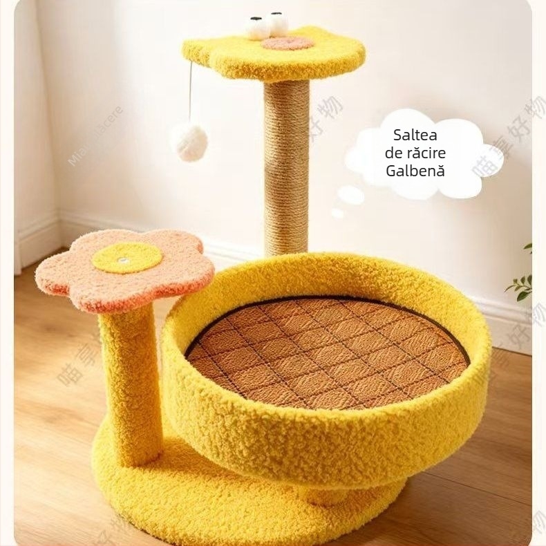 Cadru compact de cățărare pentru pisici, all-in-one, cu plăcuță pentru zgâriet și casă de pisici, frânghie de cânepă durabilă pentru zgâriet, pentru toate anotimpurile
