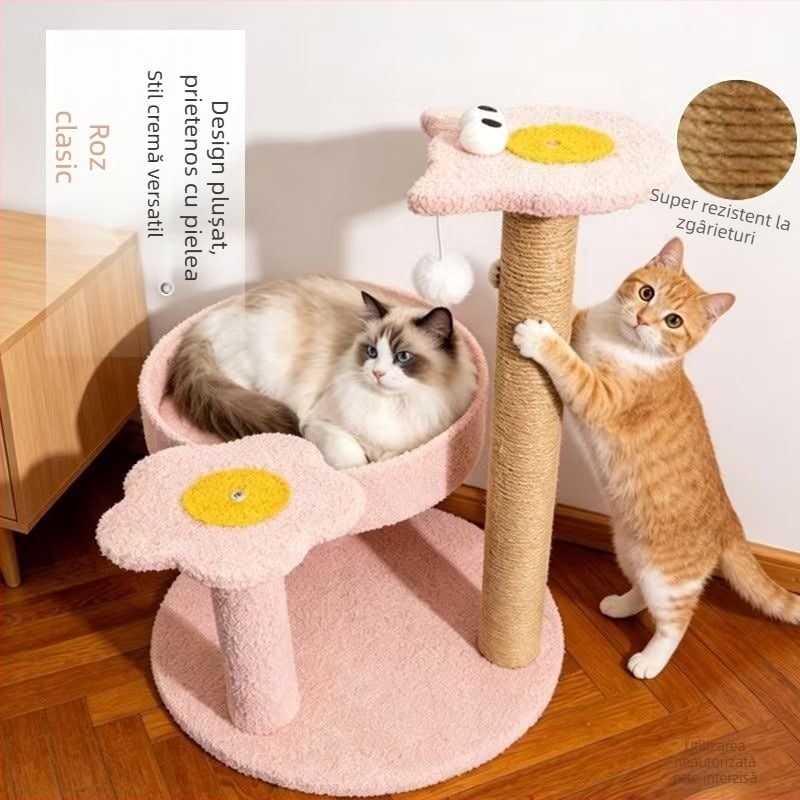 Cadru compact de cățărare pentru pisici, all-in-one, cu plăcuță pentru zgâriet și casă de pisici, frânghie de cânepă durabilă pentru zgâriet, pentru toate anotimpurile