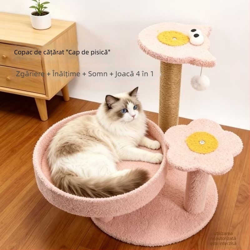 Cadru compact de cățărare pentru pisici, all-in-one, cu plăcuță pentru zgâriet și casă de pisici, frânghie de cânepă durabilă pentru zgâriet, pentru toate anotimpurile